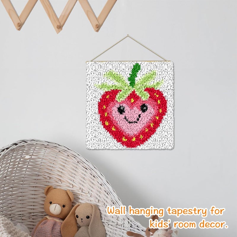 YP Strawberry Smiley Face Latch Hook Kit for DIY Craft Lovers - 12x12 Inch Crochet Rug Making Set, Fun & Creative Home Decor Needlework Project for Beginners - Image 4